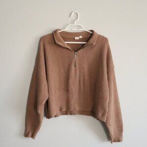 Ten Tree Women's Sz M Brown Highline Mock Neck Cropped 1/4 Zip Ribbed Sweater